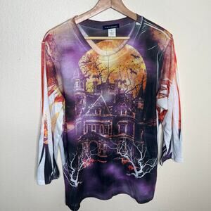 SML Sport Purple Halloween Haunted House Metallic Top Large